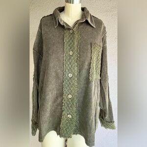 Green Corduroy Button-Up Shirt with Lace Accents